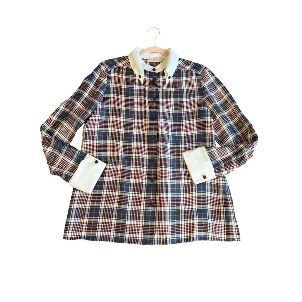 Tory Burch Womens Silk Plaid Button Down Blouse Blue Burgundy Contrast Collar 6